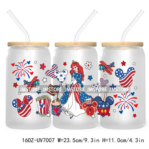 Happy 4TH Of July Cartoon Bear Friends 16OZ UV DTF Cup Wrap Transfer Stickers For Libbey Glass Can Cups Tumbler Waterproof Craft