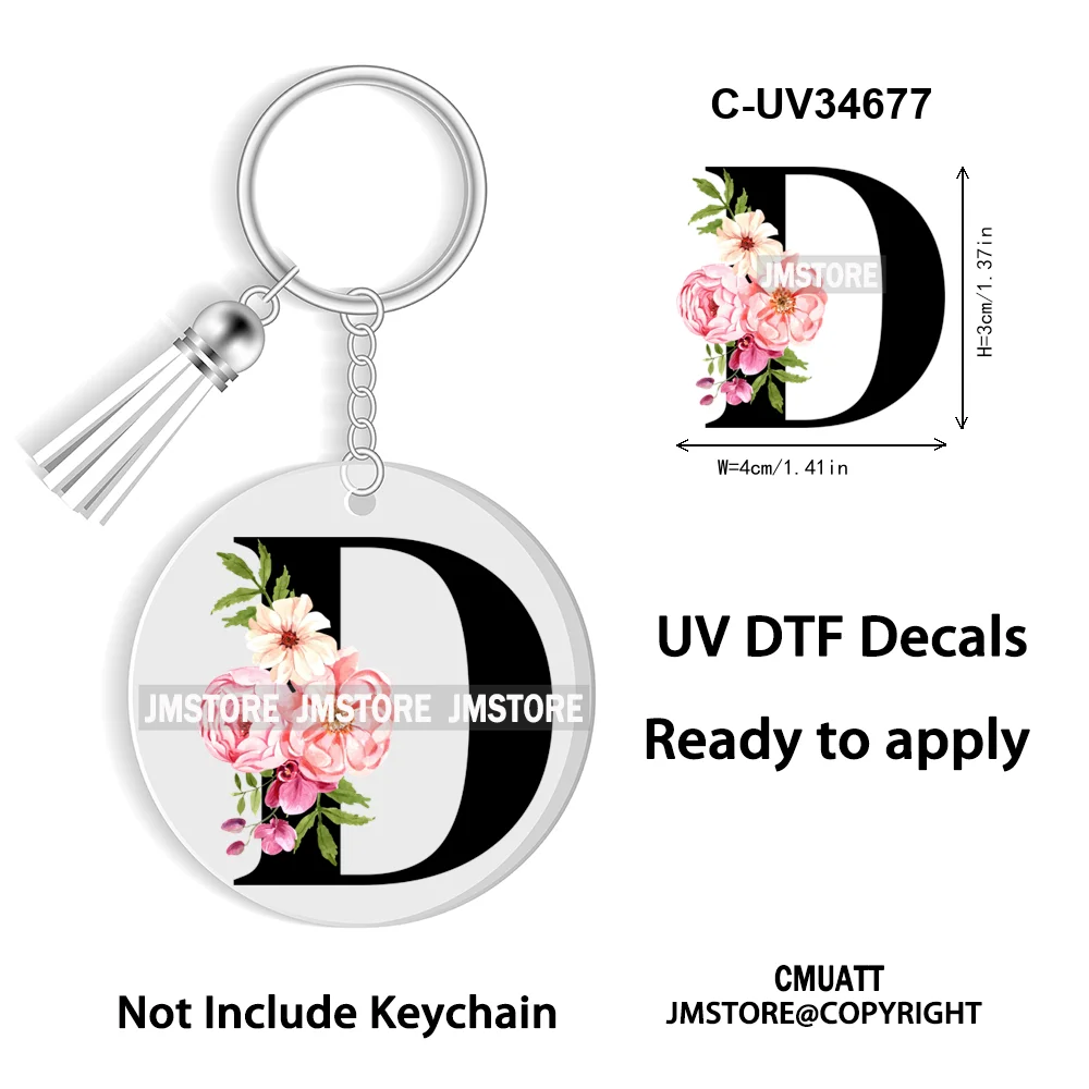 Floral Whole Entire Alphabet Flowers Black Letters Monogram WaterProof UV DTF Stickers For Round Circle Acrylic Keychain Keyring