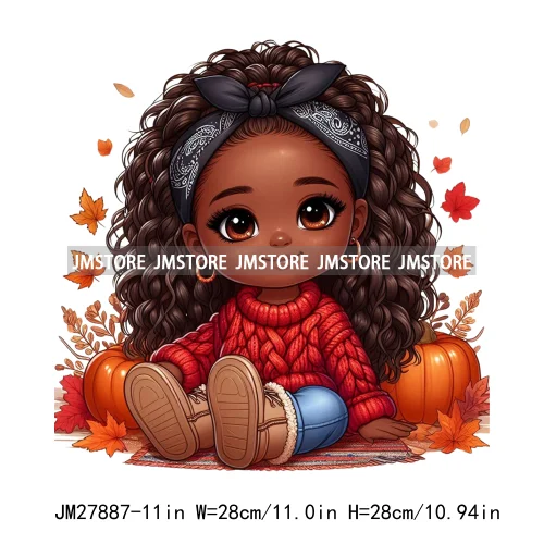 New Autumn Chibi Black Baby Girls Cartoon Afro Princess Pumpkin Fall Season DTF Iron On Heat Press Transfer Stickers For Hoodies