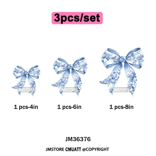 Blue And White Toile Chinoiserie Floral Coquette Bow Thermal Decals Iron on DTF Transfers Stickers Ready to Press for Clothing