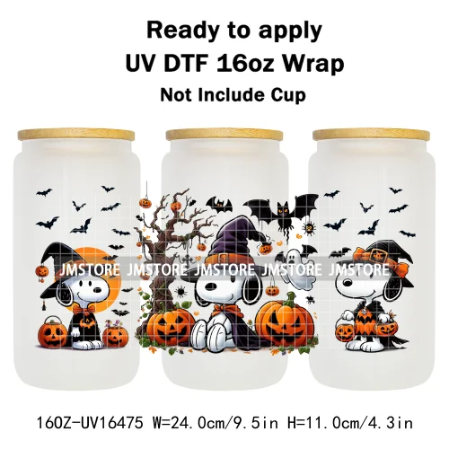 Spooky Ghost Halloween Pumpkin Cartoon Dog 16OZ UV DTF Cup Wraps Ready To Apply Waterproof Transfer Sticker For Libbey Glass Can