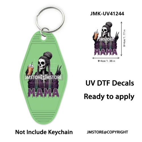 Horror Character Mama Coffee Lover UV DTF Motel Keychain Decal Ready To Ship Durable Transfer Stickers Prints For Hotel Keychain