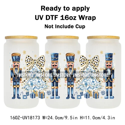Faux Glitter Preppy Nutcracker Christmas UV DTF Cup Wrap Ready To Apply Transfer Sticker 16OZ Tumbler Wraps For Libbey Glass Can
