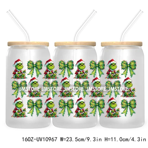 Green Guy Christmas Coquette Bow 16OZ UV DTF Cup Wrap Waterproof Transfer Stickers For Libbey Glass Can Christmas Movie Friends