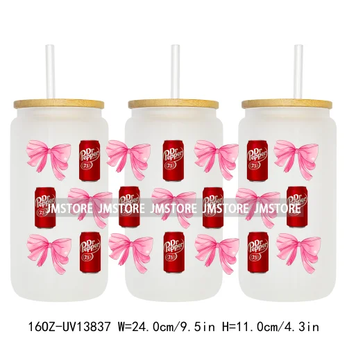 Soft Drink Pink Bow Coquette Strawberry UV DTF Wraps Transfer Sticker Selfadhesive Waterproof  For 16OZ Libbey Glass Can Tumbler