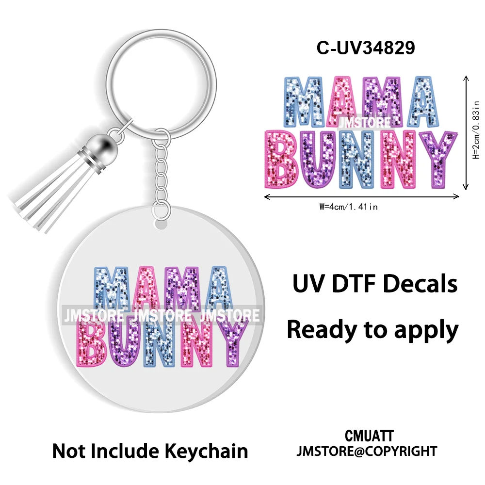 Faux Sequin Glitter Happy Easter Bow Retro Easter Bunny Blowing Bubble UV DTF Stickers for Round Circle Acrylic Keychain Keyring