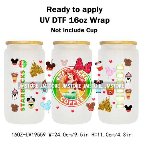 Faux Glitter Coffee Cartoon Princess Girly 16OZ UV DTF Cup Wraps Ready To Apply Waterproof Transfer Sticker For Libbey Glass Can