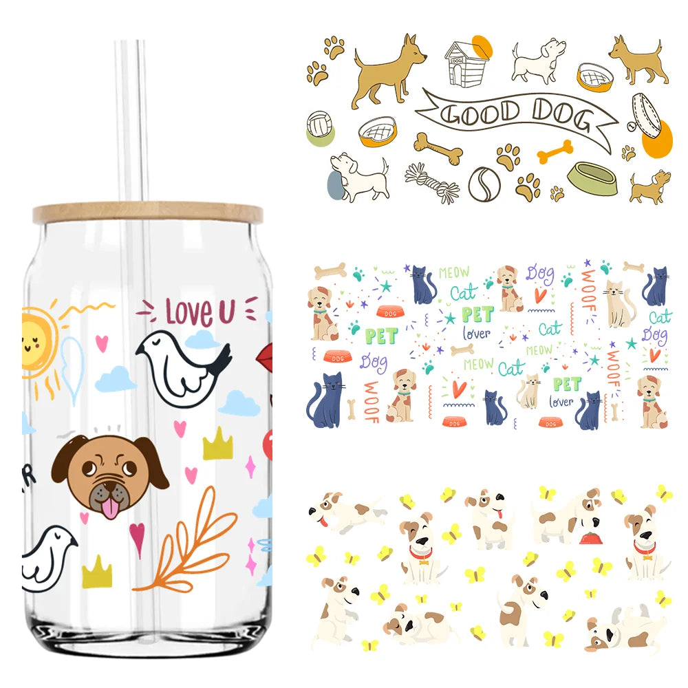 Cute Dog Treat Pet Life UV DTF Sticker For 16OZ Libbey Glass Cup Can Wrap Transfer Sticker Custom Labels DIY Logo Cat Mom