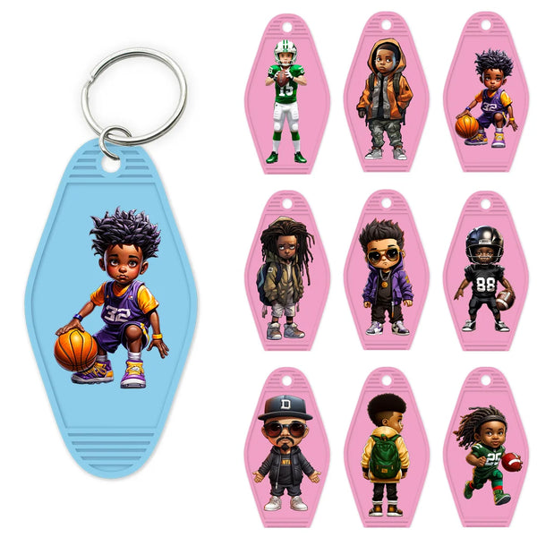 Sport Basketball Football School Black Boys High Quality WaterProof UV DTF Sticker For Motel Hotel Keychain