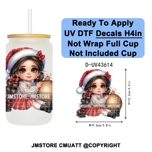 Chibi Cute Mexican Christmas Baby Girl UV DTF Decals Ready To Apply Waterproof Transfer Stickers For 16OZ Libbey Glass Can Mugs