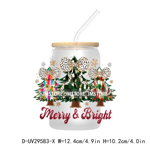 Coquette Bow Faux Glitter Christmas Tree UV DTF Transfer Stickers Decals For Libbey Cold Cups Mugs Tumbler Reindeer Candy Cane