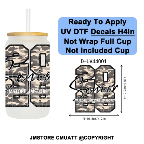Faux Glitter Senior 2026 School UV DTF Decals Ready To Apply Waterproof Transfer Stickers DIY Crafts For 16OZ Libbey Glass Can