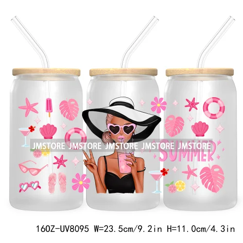 Hot Girl Summer Lady UV DTF Sticker For 16OZ Libbey Glass Cup Can Wrap Transfer Stickers Custom Labels DIY Logo Woman With Hat