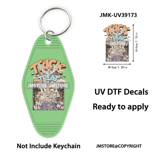Spooky Halloween Cartoon Character Couple UV DTF Motel Keychain Wrap Ready To Apply Waterproof High Quality Hotel Keychain Decal