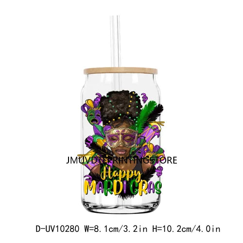 Happy Mardi Gras Afro Messy Bun UV DTF Transfers Stickers Decals For Libbey Cold Cups Mugs Tumbler Waterproof DIY Logo