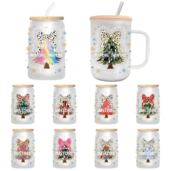 Christmas Tree Coquette Bow UV DTF Transfer Stickers Decals For Libbey Cold Cups Mugs Tumbler Waterproof Jesus Christian Xmas