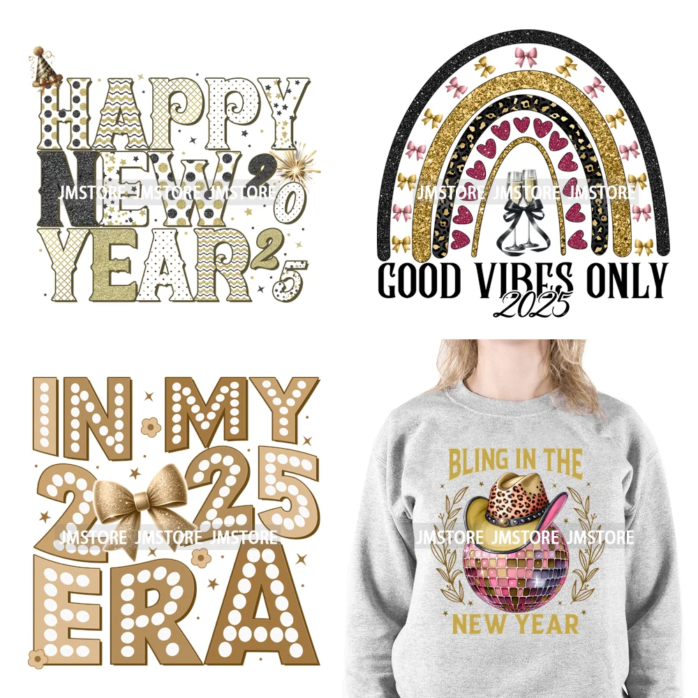 In My 2025 Era Good Vibes Coquette Happy New Year Iron On Disco Ball Christmas DTF Heat Press Transfers Stickers For T-shirts