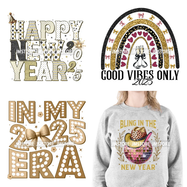 In My 2025 Era Good Vibes Coquette Happy New Year Iron On Disco Ball Christmas DTF Heat Press Transfers Stickers For T-shirts