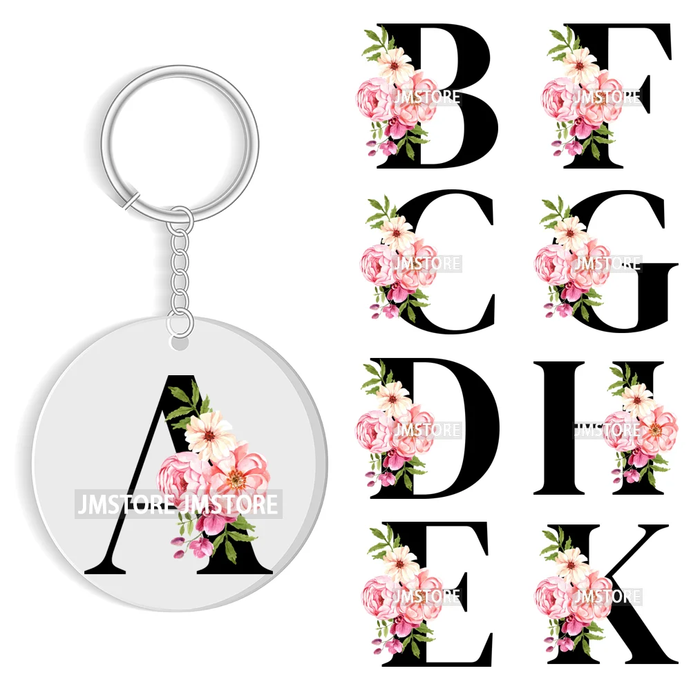 Floral Whole Entire Alphabet Flowers Black Letters Monogram WaterProof UV DTF Stickers For Round Circle Acrylic Keychain Keyring