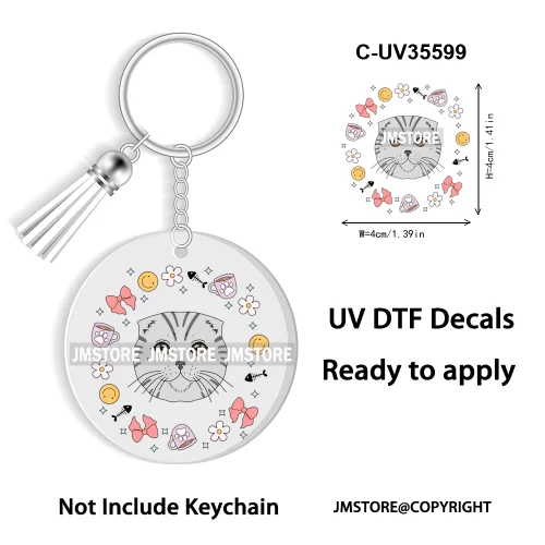 Floral Cat Lover The Best Mama Ever UV DTF Decal Round Keychain Ready To Apply WaterProof Transfer Stickers For Circle Keychain