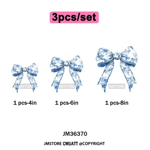 Blue And White Toile Chinoiserie Floral Coquette Bow Thermal Decals Iron on DTF Transfers Stickers Ready to Press for Clothing