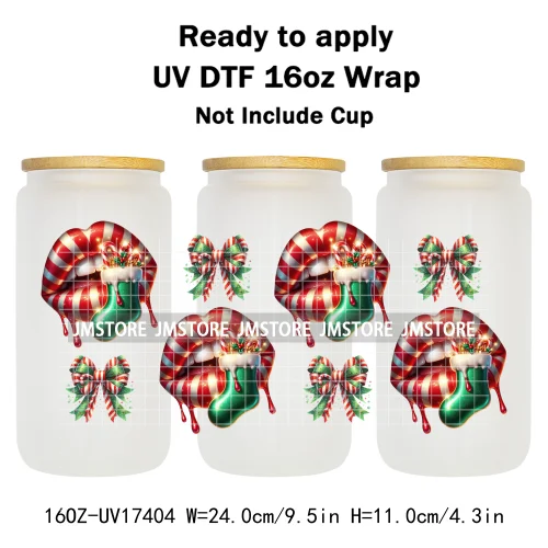 Coquette Bow Christmas Gift Lips UV DTF Stickers Xmas Season Candy Cane Ready To Transfer 16OZ Cup Wraps For Libbey Can Glass