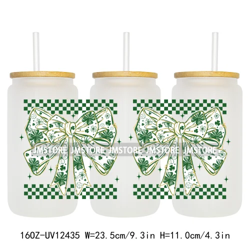 Lucky Coquette Bow Happy St Patrick's Day 16OZ UV DTF Cup Wrap Transfer Stickers Custom Waterproof Labels For Libbey Glass Can