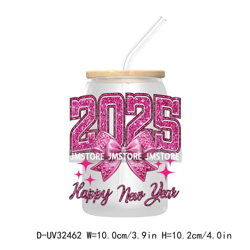 Retro Happy New Year 2025 Coquette Bow UV DTF Transfer Stickers Decals For Libbey Cold Cups Mugs Tumbler Waterproof Custom Logo