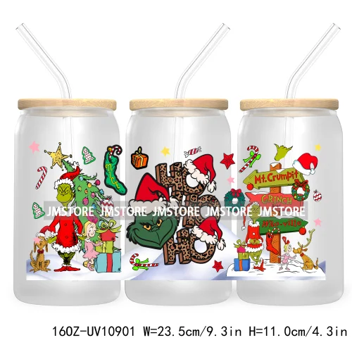 Retro Christmas Mean Guy UV DTF Cup Wrap For Libbey Glass Can Transfer Stickers Waterproof Custom Labels Merry Greenmas Xmas