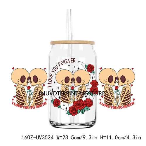 Valentine's Day Skull Skeletion Flower UV DTF Sticker For 16OZ Libbey Glass Cup Can Wrap Transfer Sticker Custom Labels DIY Logo