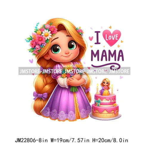 Baby Cartoon Girls Love Mama Designs Iron On DTF Birthday Gifts Cakes Mother's Day Transfer Stickers Ready To Press For T-shirts
