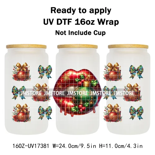 Colorful Christmas Lips Holiday Gifts Xmas Balls UV DTF Wraps Transfer Sticker Waterproof Logo For 16OZ Libbey Glass Can Tumbler