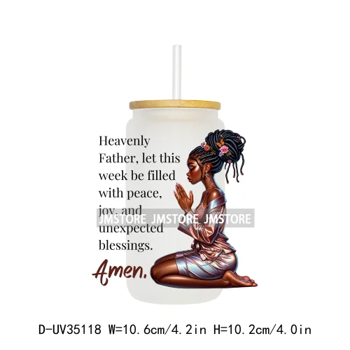 Christian Quotes Afro Pray Girl UV DTF Transfer Stickers Decals Ready To Apply Waterproof For 16OZ Libbey Glass Can Cups Tumbler