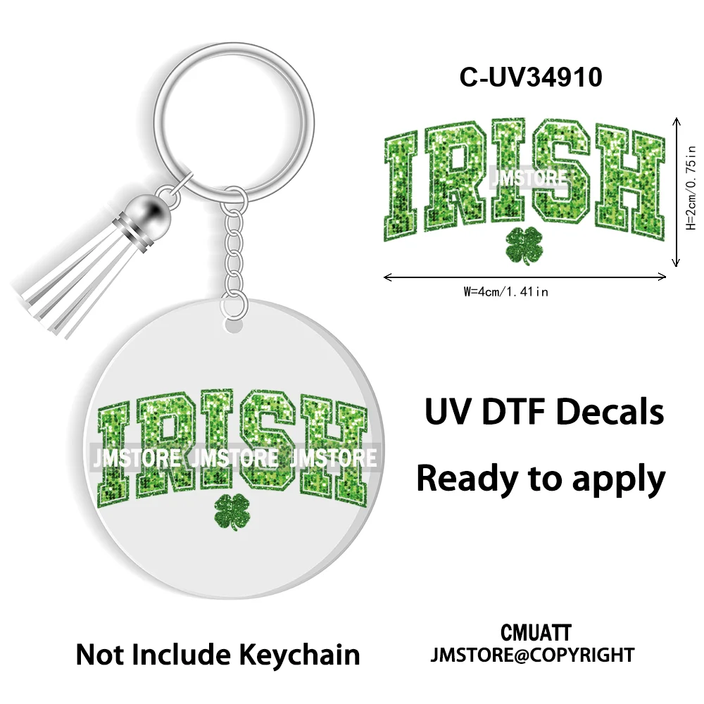 Sparkly Faux Sequin St Patricks Day Coquette Glitter Lucky Charm WaterProof UV DTF Sticker For Round Circle Keychain Keyring