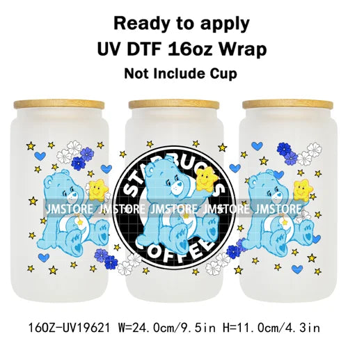 Cheerful Floral Hearts Cartoon Bears Clipart UV DTF Transfer Stickers Cup Tumbler Wrap For 16OZ Libbey Glass Bottle Cup Wraps