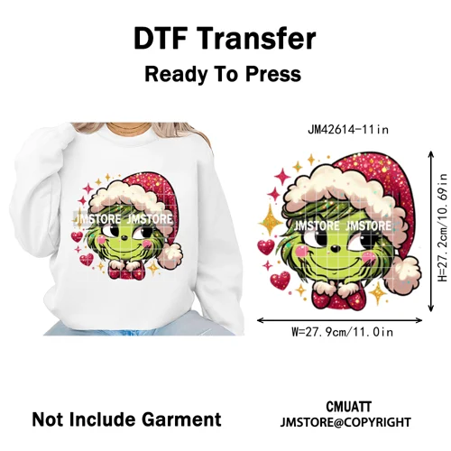 Faux Glitter Cartoon Christmas Movie Green Santa Kid Girly Xmas Iron on DTF Washable Transfer Sticker Ready to Press for Textile
