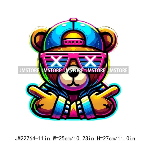 Cool Neon Colorful Hip Hop Streetwear Urban Teddy Bear Iron On DTF Transfers Stickers Ready To Press For Clothing Bags