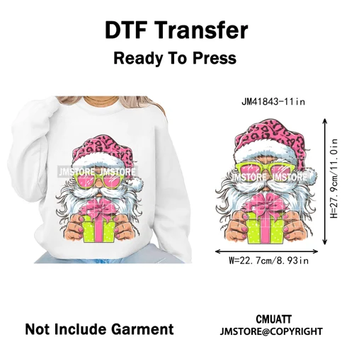 Pink Cartoon Glasses Coffee Drink Leopard Blowing Santa Claus Christmas Iron on DTF Transfer Stickers Ready to Press for T-shirt
