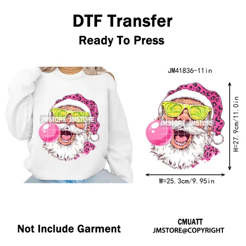 Pink Cartoon Glasses Coffee Drink Leopard Blowing Santa Claus Christmas Iron on DTF Transfer Stickers Ready to Press for T-shirt