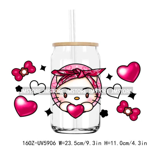 Flower Cartoon Cat With Pink Bow 16OZ UV DTF Cup Wrap Transfer Sticker Custom Label Durable Waterproof Logo For Libbey Glass Can