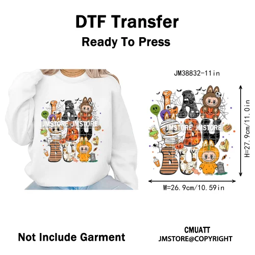 Cute Checkered Spooky Doll Monster Characters Halloween Iron on DTF Washable Heat Transfers Stickers Ready to Press for Textile