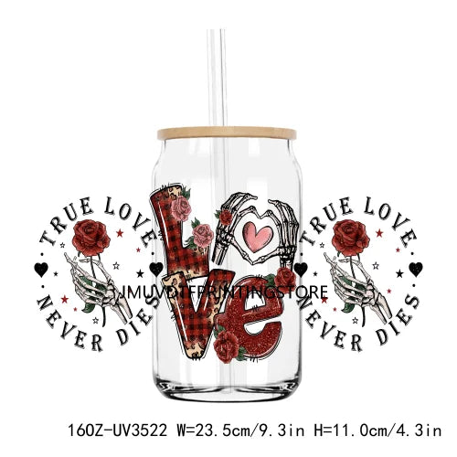 Valentine's Day Skull Skeletion Flower UV DTF Sticker For 16OZ Libbey Glass Cup Can Wrap Transfer Sticker Custom Labels DIY Logo