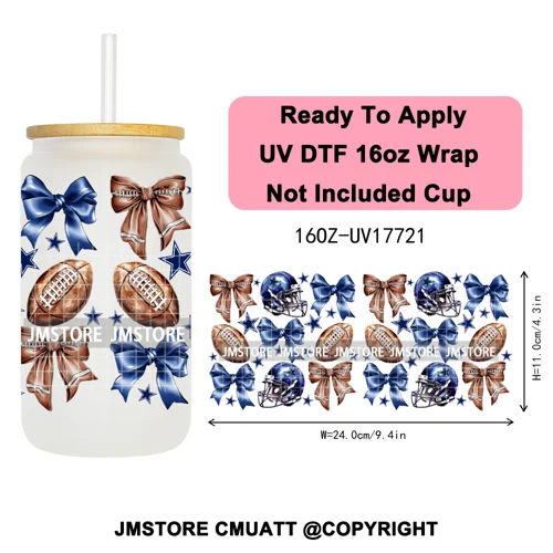 Faux Glitter American Football Game Day UV DTF Cup Wrap Ready To Apply Transfer Stickers 16OZ Tumbler Wraps For Libbey Glass Can