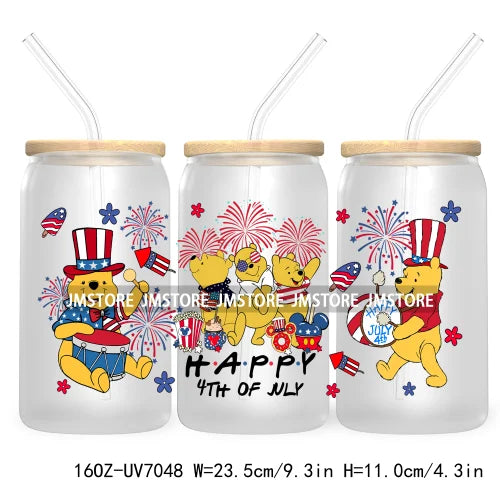 Happy 4TH Of July Cartoon Bear Friends 16OZ UV DTF Cup Wrap Transfer Stickers For Libbey Glass Can Cups Tumbler Waterproof Craft