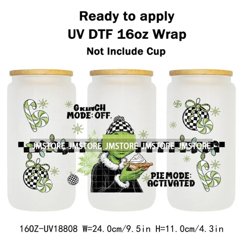 Coquette Bow Cartoon Christmas Green Guy UV DTF Cup Wrap Ready To Apply Transfer Stickers Waterproof For 16OZ Libbey Glass Can