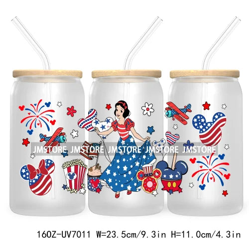 Happy 4TH Of July Cartoon Bear Friends 16OZ UV DTF Cup Wrap Transfer Stickers For Libbey Glass Can Cups Tumbler Waterproof Craft