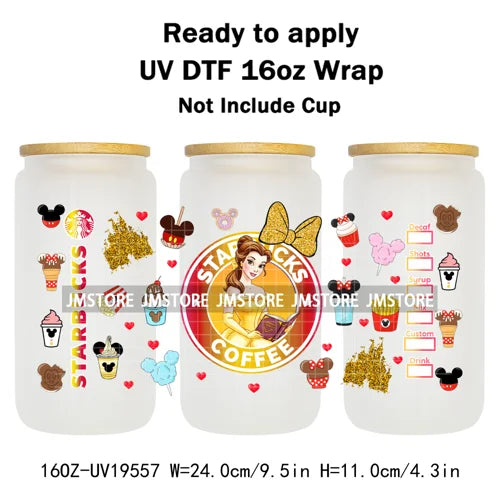 Faux Glitter Coffee Cartoon Princess Girly 16OZ UV DTF Cup Wraps Ready To Apply Waterproof Transfer Sticker For Libbey Glass Can