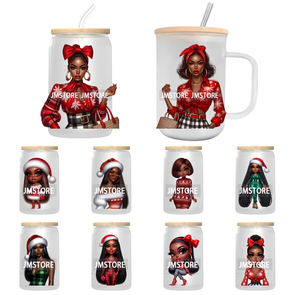 Afro Black Woman Christmas UV Sticker Decals For Libbey Cold Cups Mugs Tumbler Transfer Stickers Waterproof Labels Fashion Girls