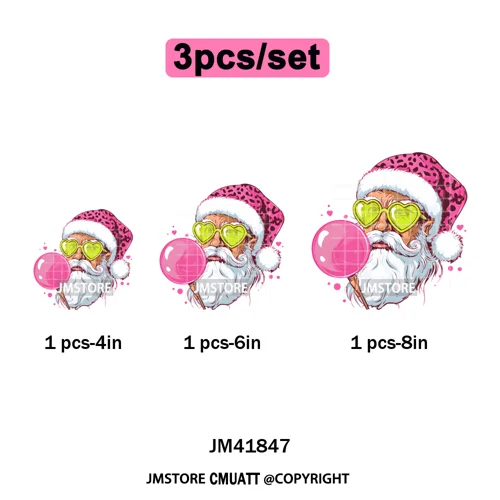 Pink Cartoon Glasses Coffee Drink Leopard Blowing Santa Claus Christmas Iron on DTF Transfer Stickers Ready to Press for T-shirt