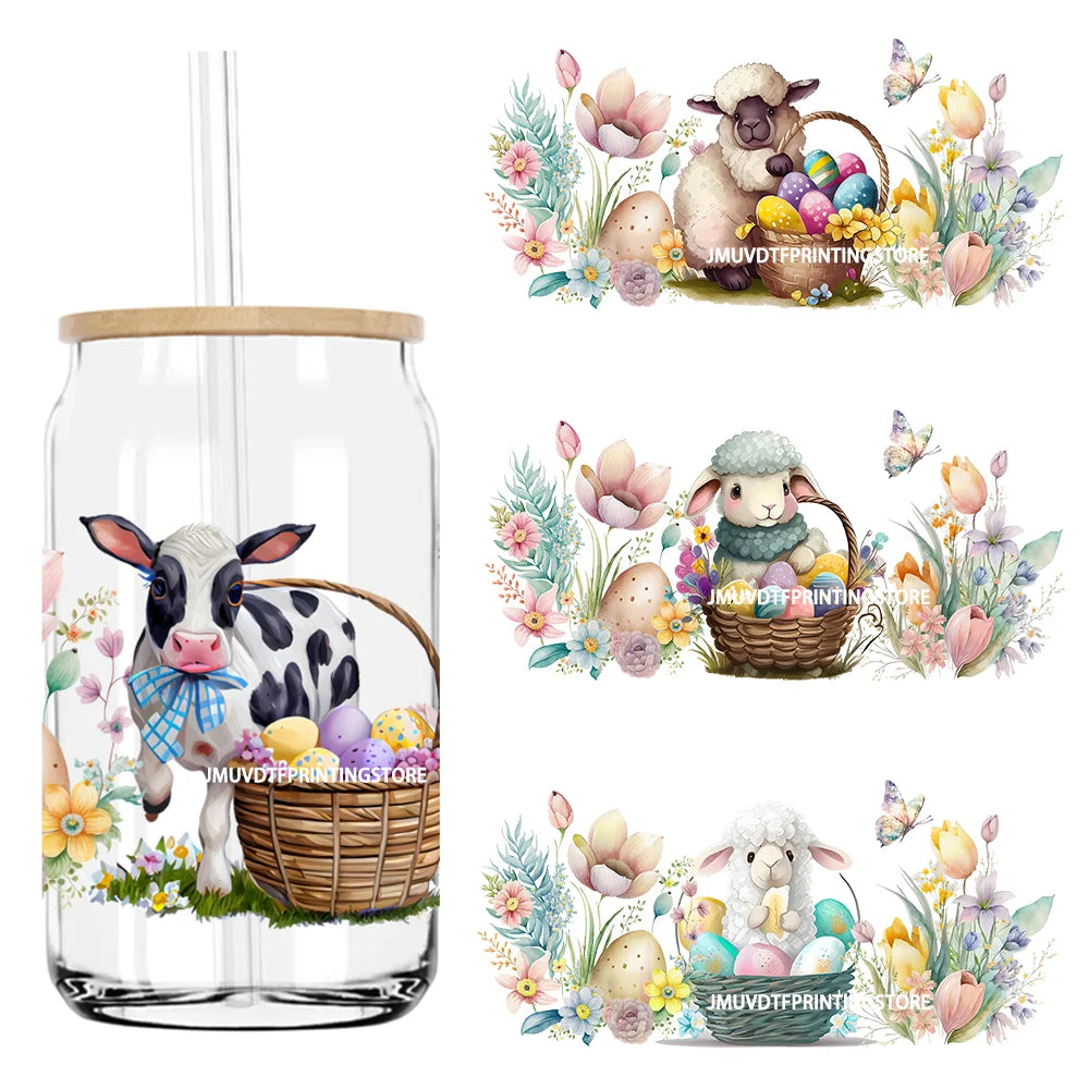 Happy Easter Day UV DTF Sticker For 16OZ Libbey Glass Cup Can Wrap Transfer Sticker Custom Labels DIY Logo Animals Bunny Eggs